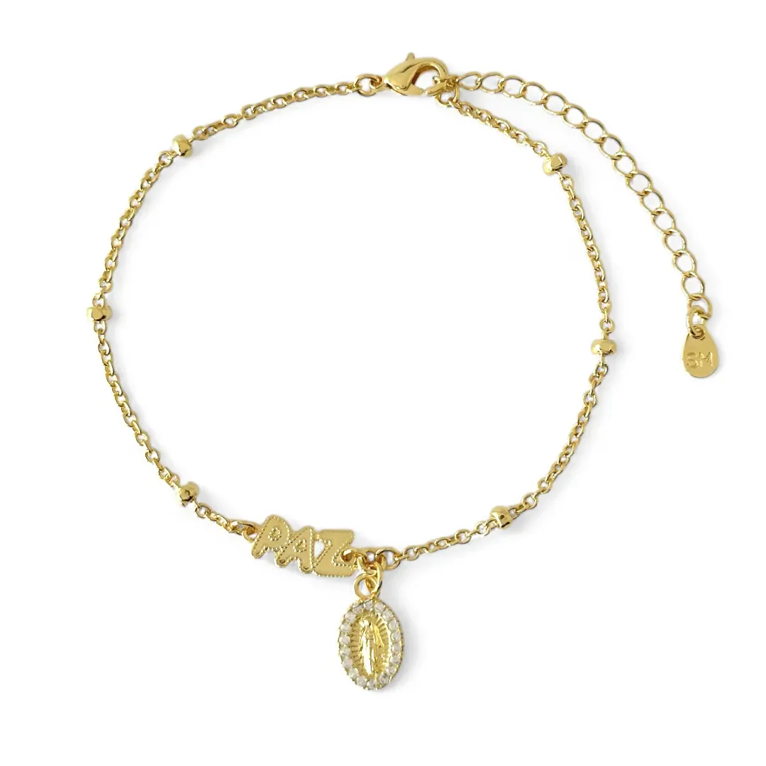 Pulseira Paz Paz Nossa Senhora Guadalupe Banhada a Ouro 18k com Bolinhas e Zircônias