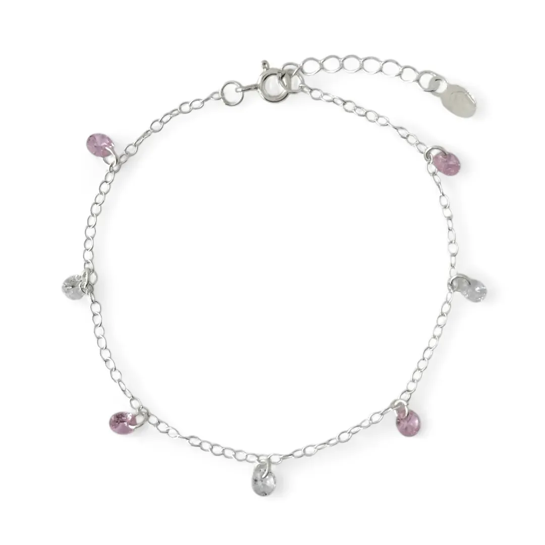 Pulseira Pedrinhas Prata 925 Rosa/Cristal Zircônias