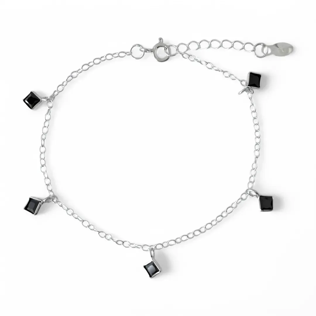 Pulseira Quadrados Pendurados Prata 925 Zircônias Pretas