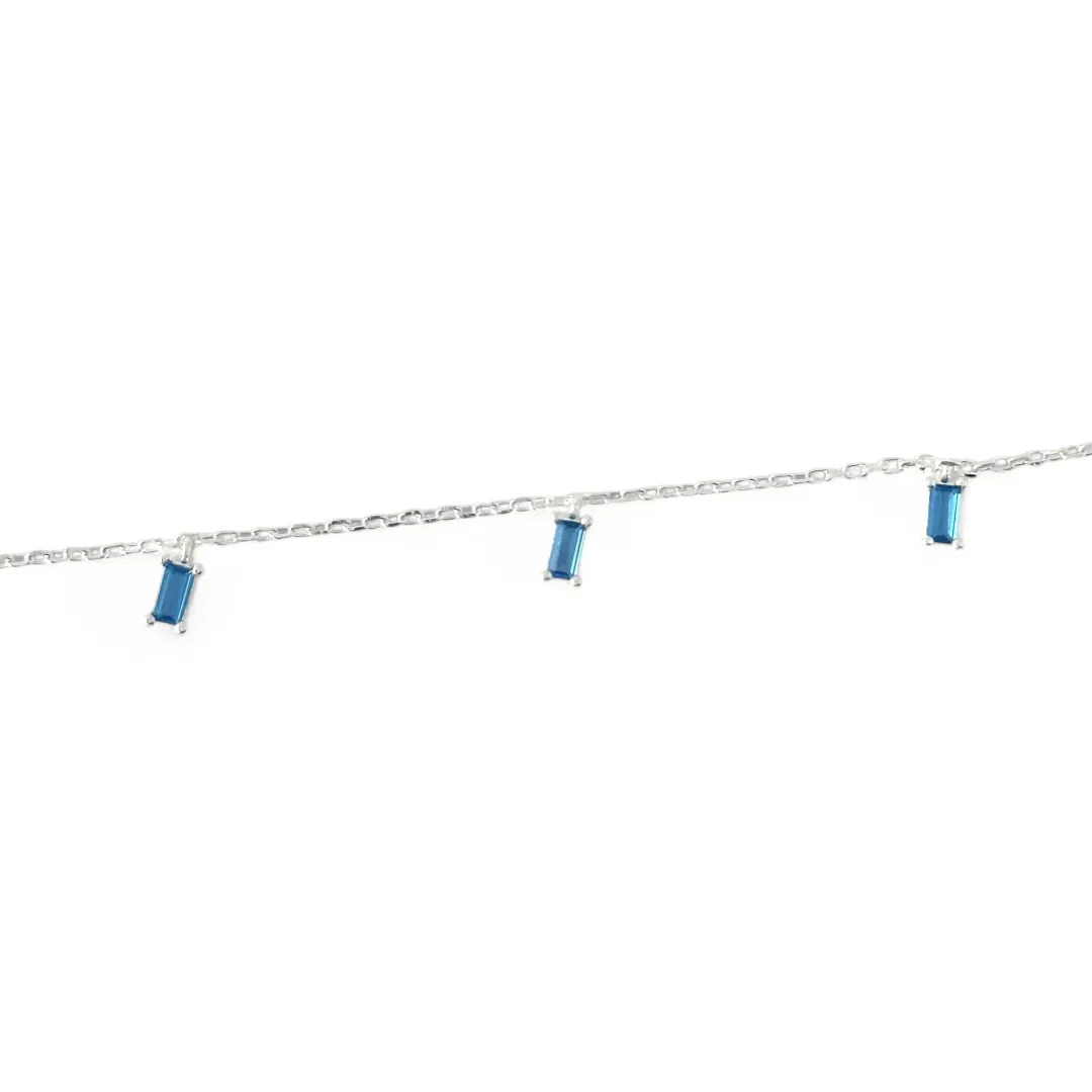 Pulseira Tornozeleira 3 Pedras Prata 925 Zircônias Azul Royal