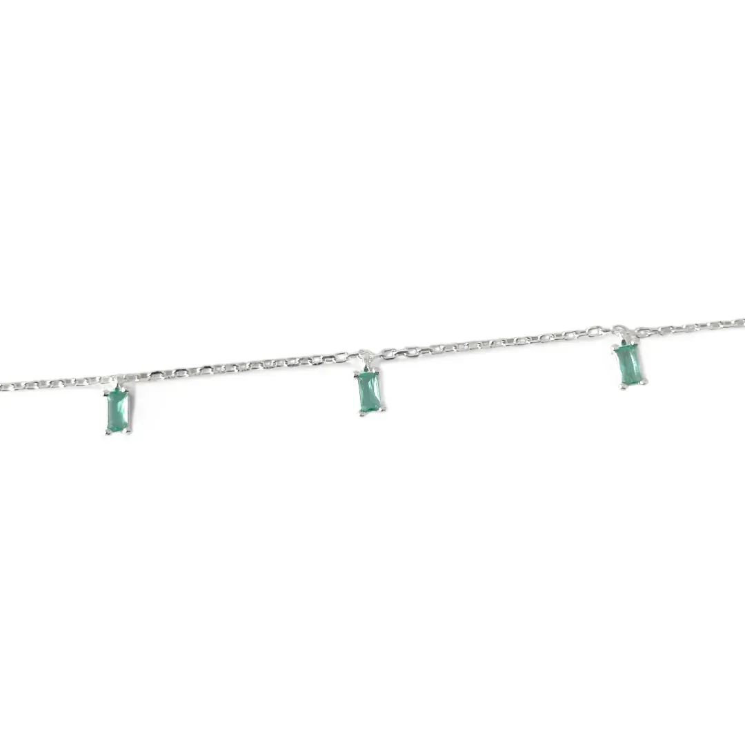 Pulseira Tornozeleira 3 Pedras Prata 925 Zircônias Verde Água