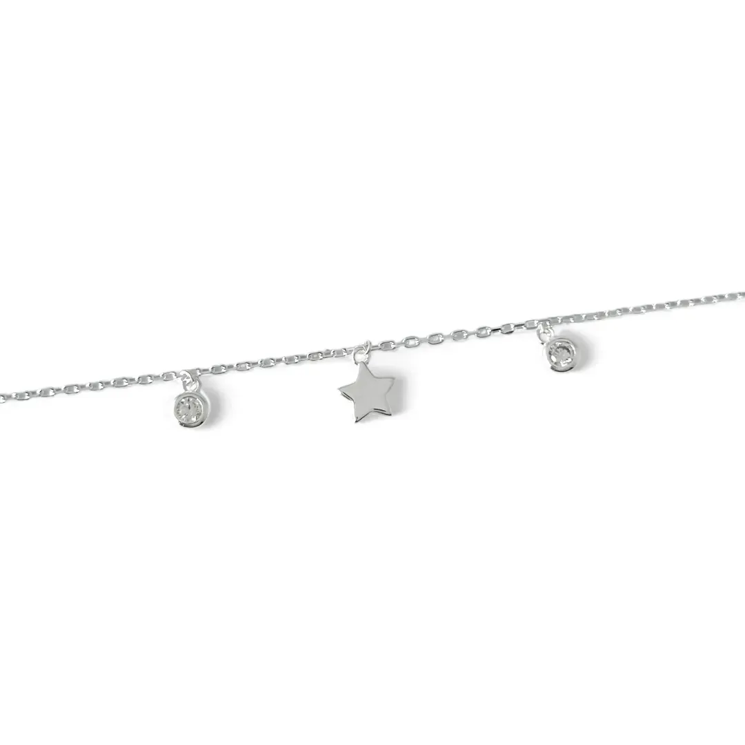 Pulseira Tornozeleira Estrela Prata 925 com Ponto Luz em Zircônia
