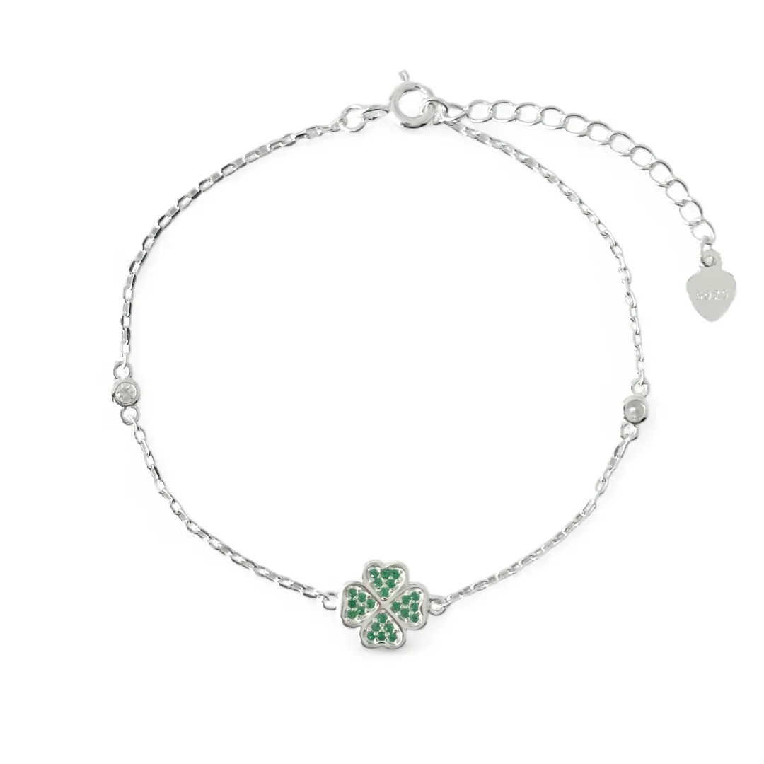 Pulseira Trevo Prata 925 Verde com Zircônias