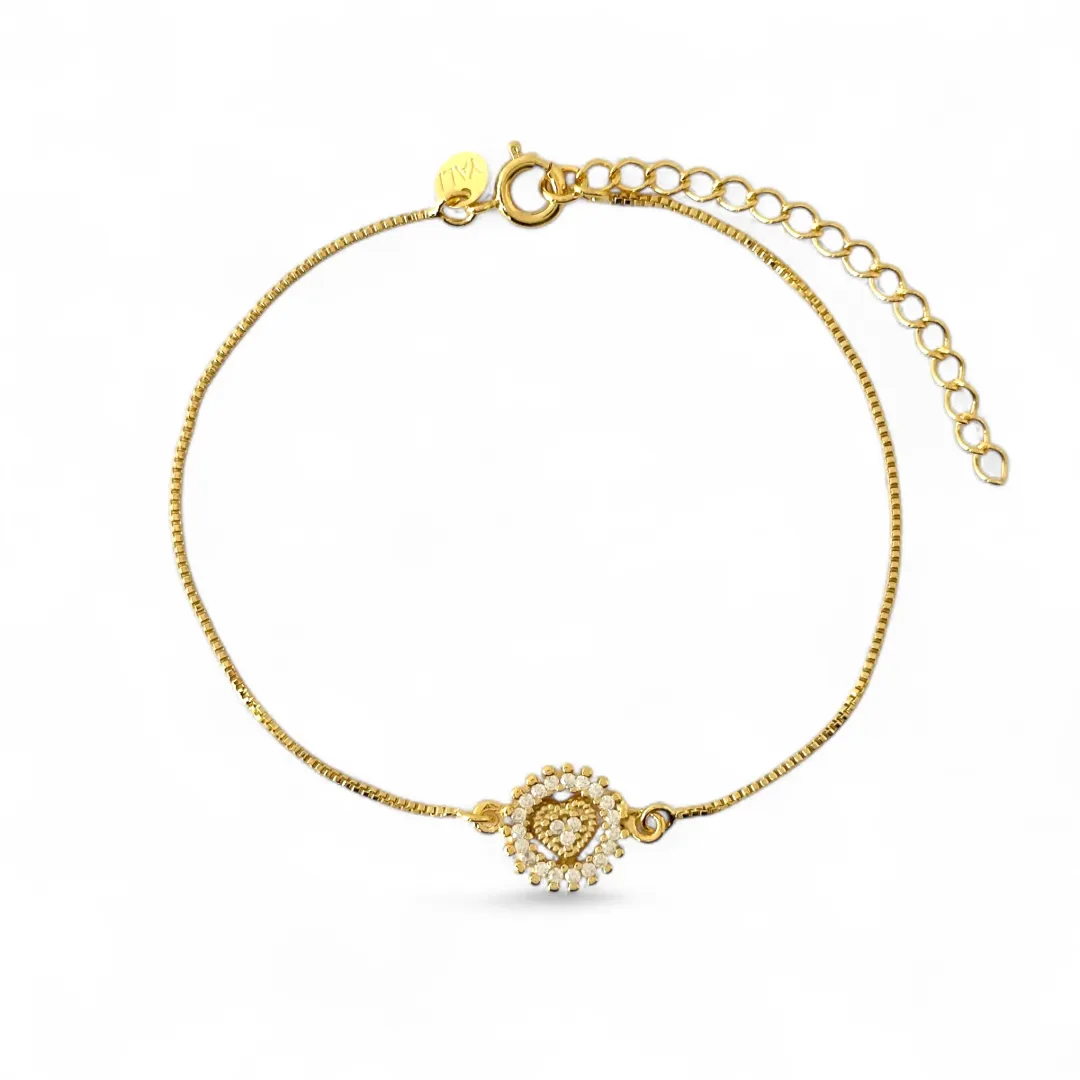 Pulseira Veneziana Coração Banhada a Ouro 18k com Medalha de Zircônias