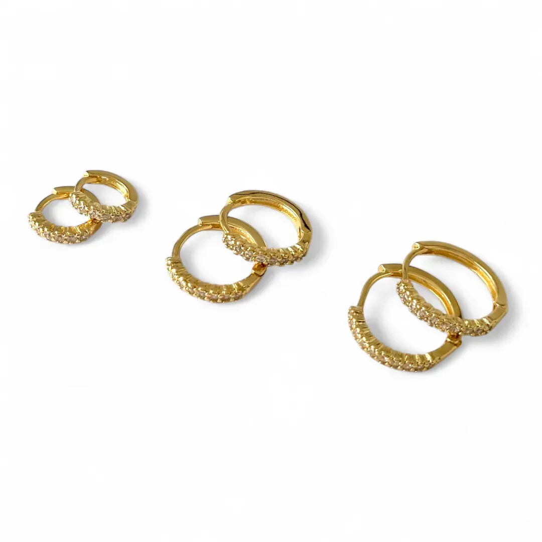 Trio de Brincos Argola Banhado a Ouro 18k com 1 Linha de Zircônias