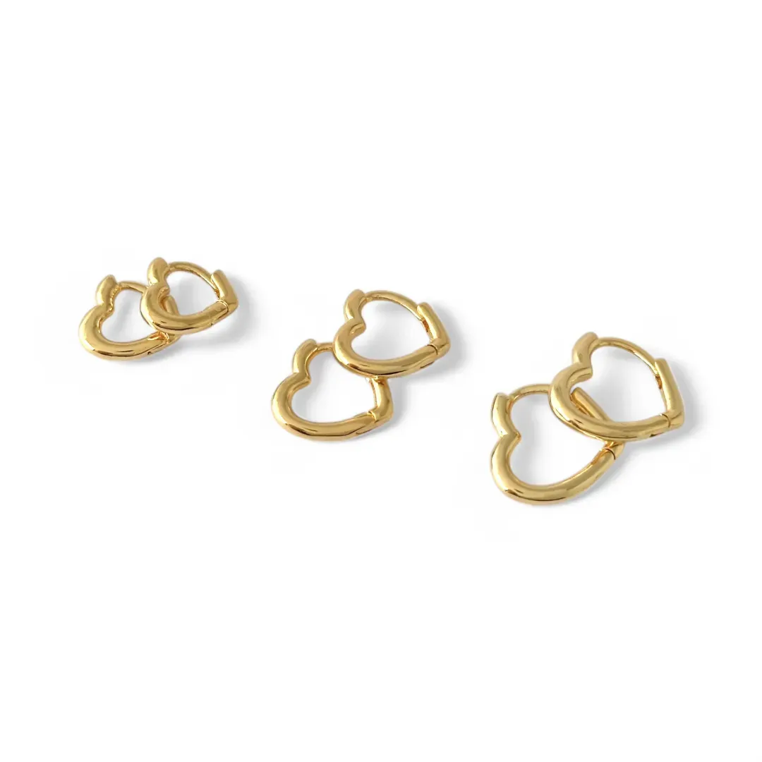 Trio de Brincos Argola de Coração Banhado a Ouro 18k