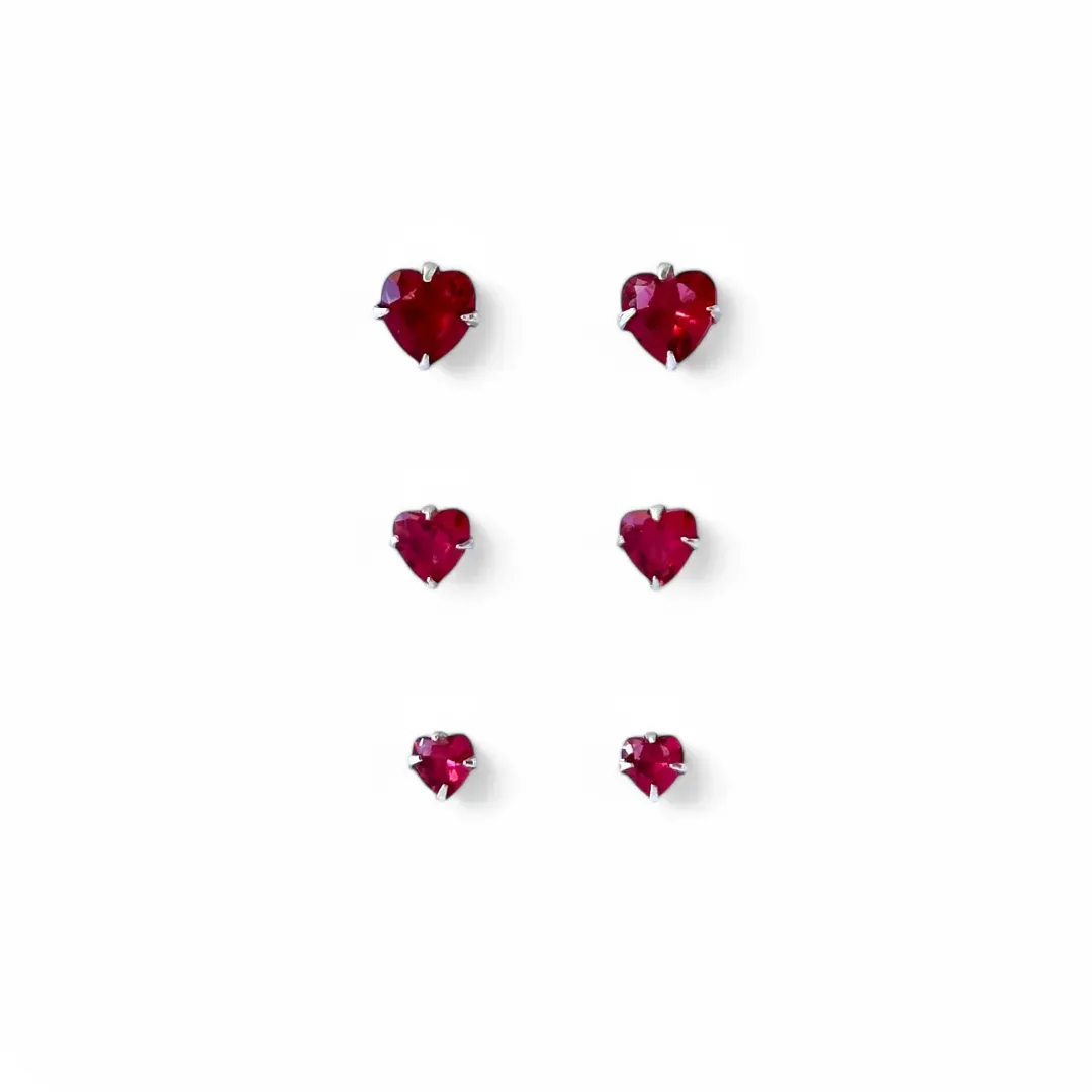 Trio de Brincos Coração Prata 925 Vermelho Zircônia