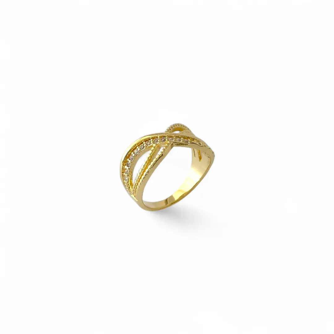 Anel Entrelaçado Banhado a Ouro 18k com Linhas Pontilhada e de Zircônias