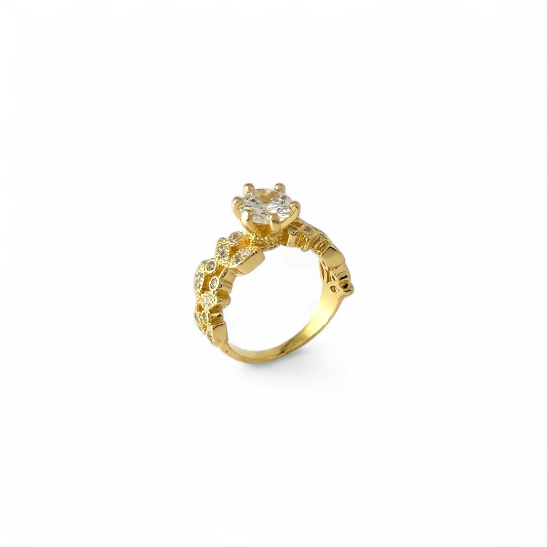 Anel Estilo Solitário Banhado a Ouro 18k com Folhas na Lateral e Zircônias