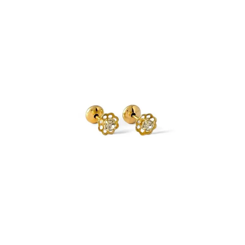 Brinco Infantil Flor Banhado a Ouro 18k com Zircônia Cristal e Tarraxa Baby