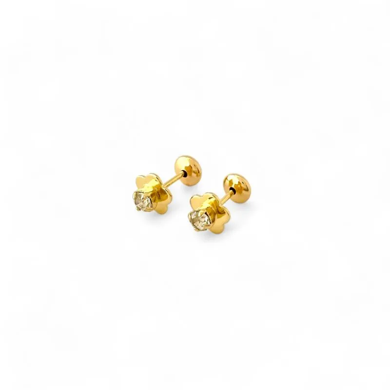 Brinco Infantil Flor Banhado a Ouro 18k com Zircônia Cristal e Tarraxa Baby