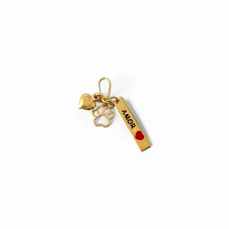 Pingente Pet Banhado a Ouro 18k com Pata, Coração e Placa  Escrito 