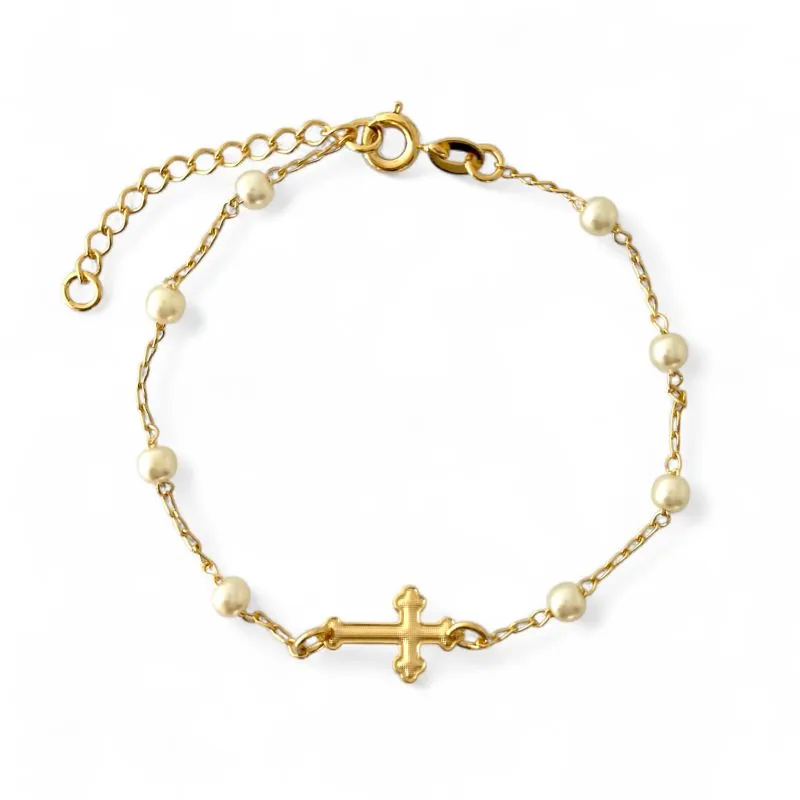 Pulseira Cruz e Pérola Banhada a Ouro 18k