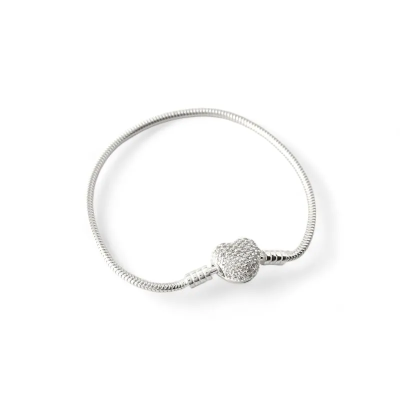 Pulseira Pandora Prata 925 com Fecho de Coração Cravejado com Zircônias
