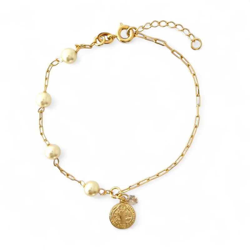 Pulseira São Bento com Pérola e Ponto Luz Banhada a Ouro 18k