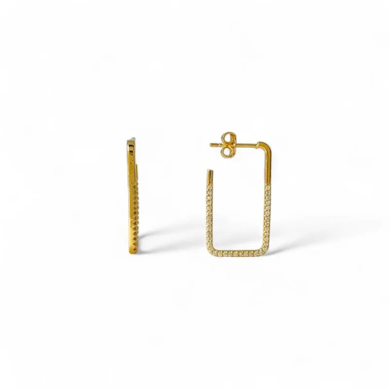 Brinco Argola Aberta Retangular Banhada a Ouro 18k com Zircônias