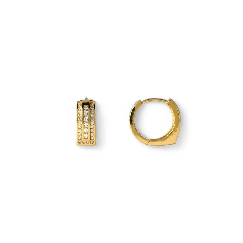Brinco Argola com Detalhe Retangular Banhada a Ouro 18k com Linhas e Zircônias