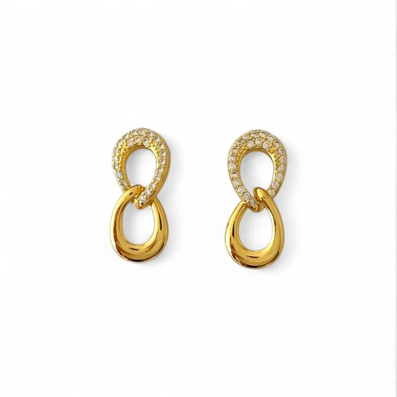 Brinco Duas Gotas Entrelaçadas Pendurado Banhado a Ouro 18k Liso e com Zircônias