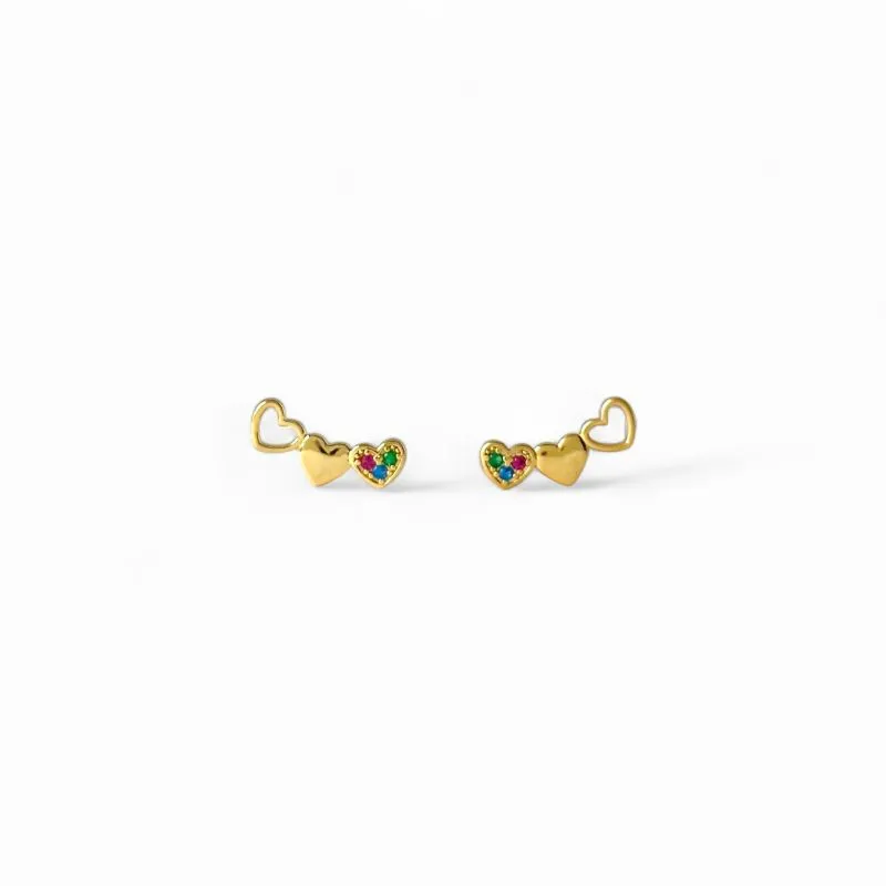 Brinco Earcuff Corações Banhado a Ouro 18k com Zircônias Coloridas