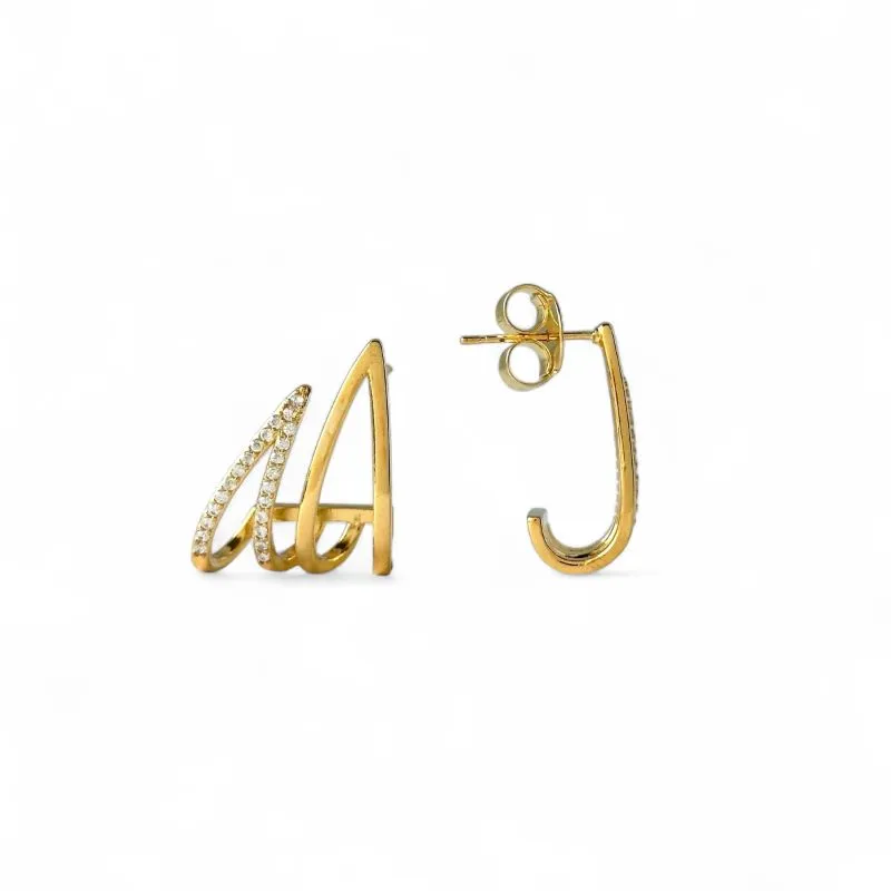 Brinco Earhook Estilo Gota Banhado a Ouro 18k Vazado Com Linhas Lisas e com Zircônias