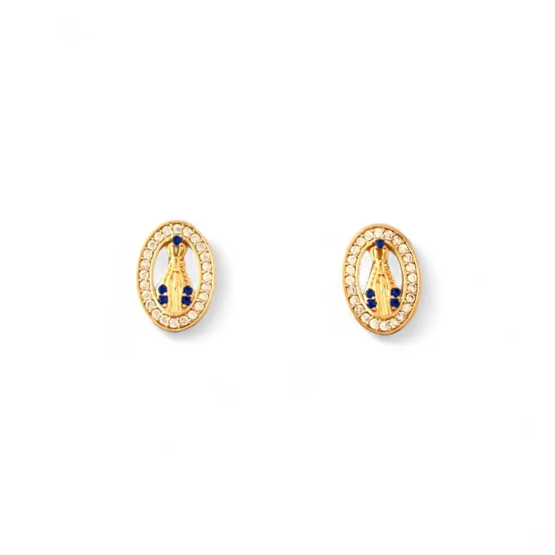 Brinco Nossa Senhora Banhado a Ouro 18k Oval com Zircônias Cristal e Azul
