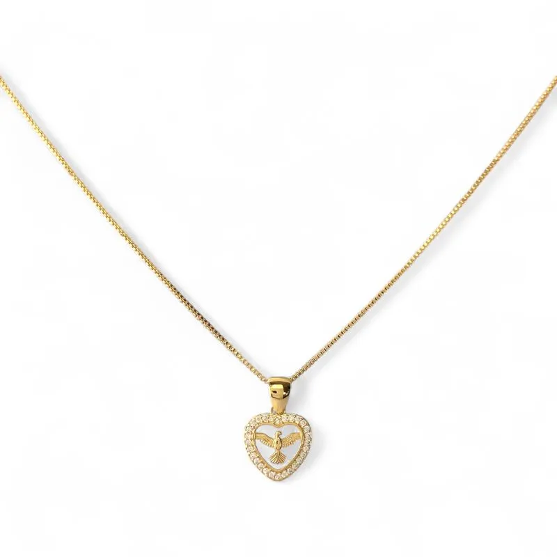 Colar Espírito Santo com Coração Banhado a Ouro 18k com Zircônias ao Redor