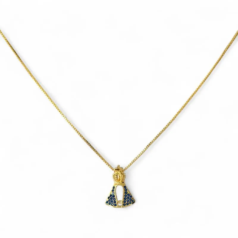 Colar Nossa Senhora Banhado a Ouro 18k com Zircônias Azul