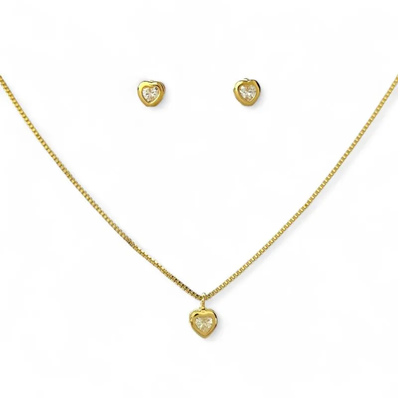 Conjunto Ponto de Luz Coração Banhado a Ouro 18k com Zircônias