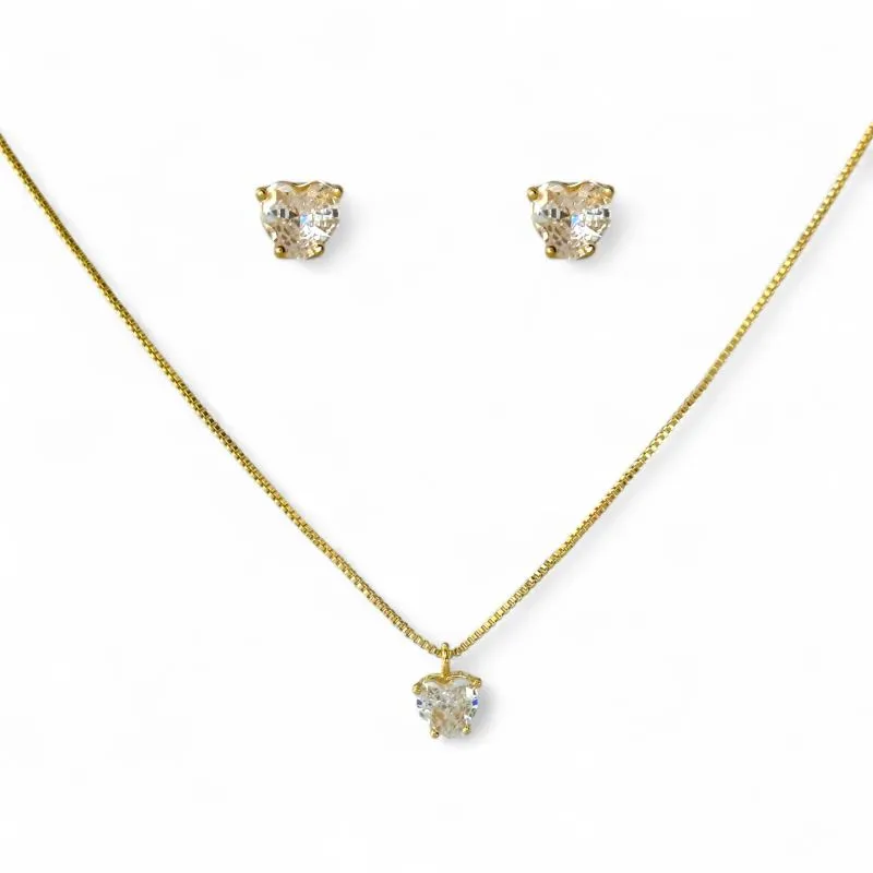 Conjunto Ponto de Luz Coração Banhado a Ouro 18k com Zircônias - 6mm