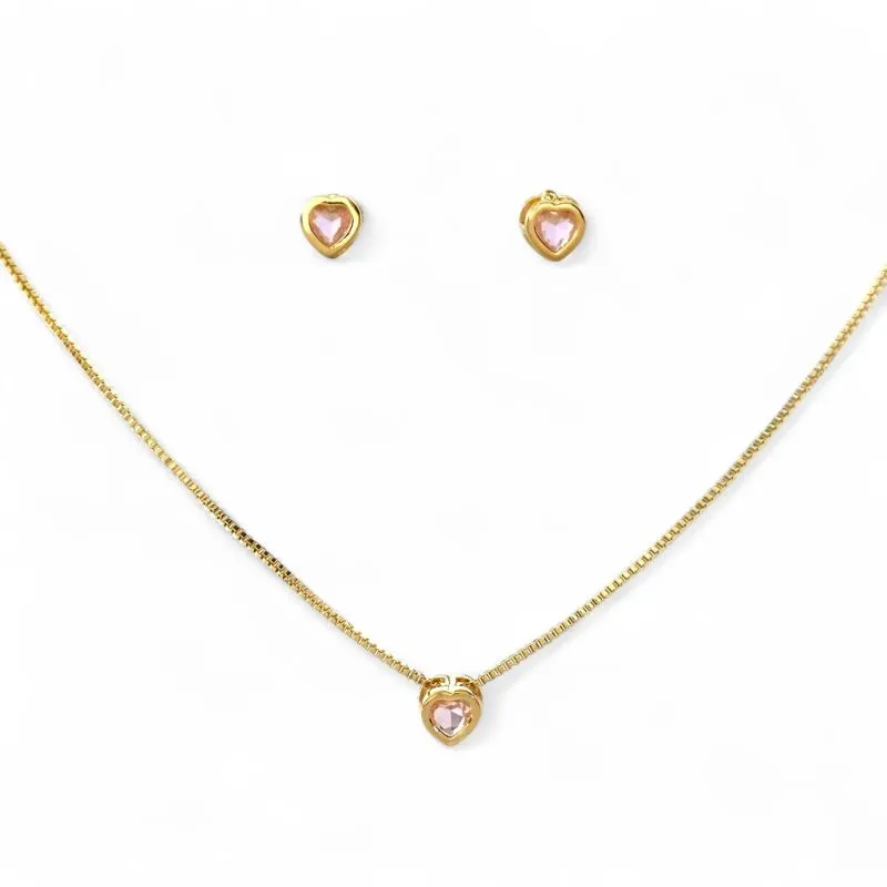 Conjunto Ponto de Luz Coração Banhado a Ouro 18k com Zircônias Rosa