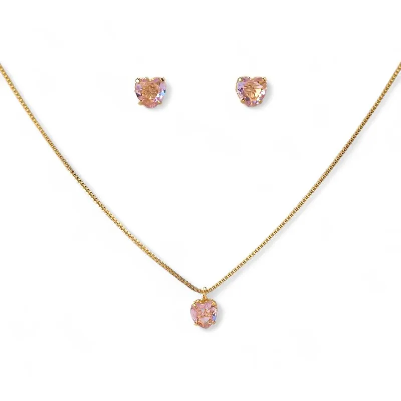 Conjunto Ponto de Luz Coração Banhado a Ouro 18k com Zircônias Rosa - 6mm