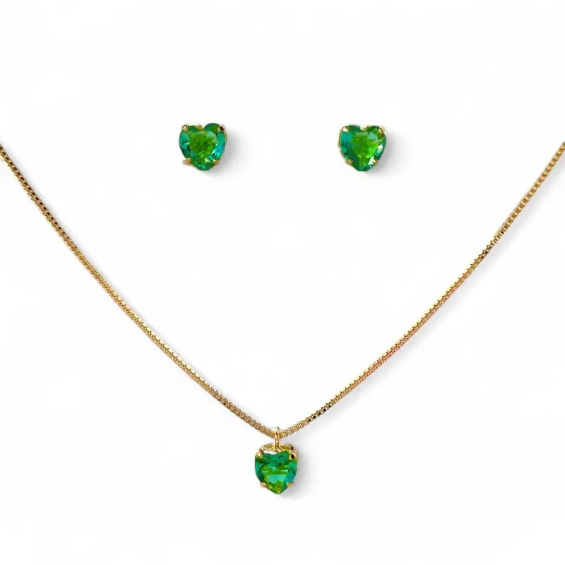 Conjunto Ponto de Luz Coração Banhado a Ouro 18k com Zircônias Verde - 6mm