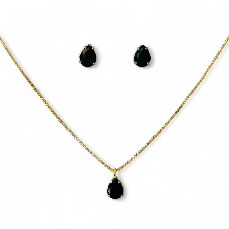 Conjunto Ponto de Luz Gota Banhado a Ouro 18k com Zircônias Preto