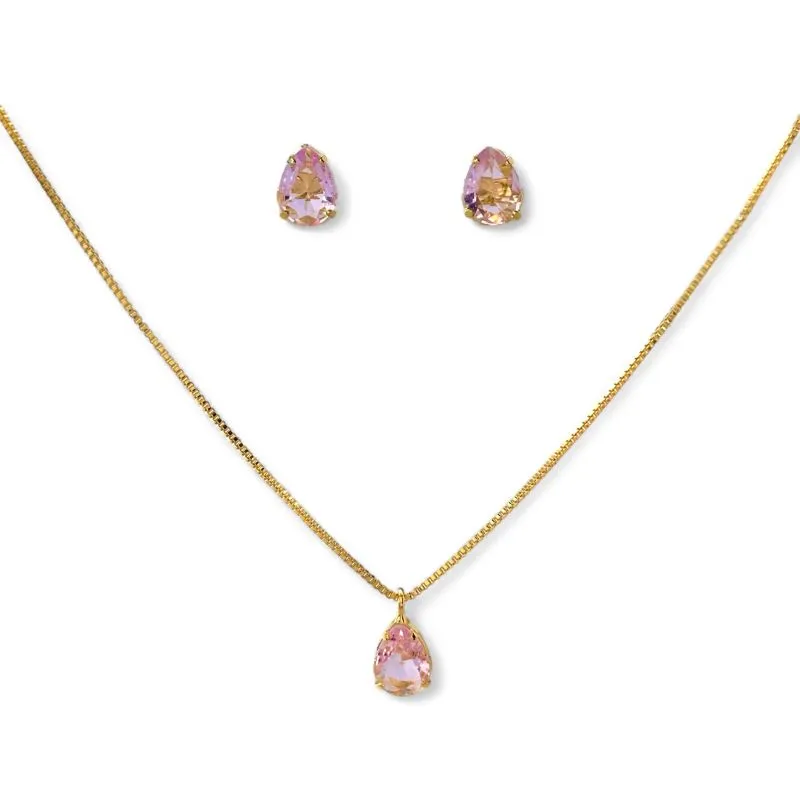 Conjunto Ponto de Luz Gota Banhado a Ouro 18k com Zircônias Rosa