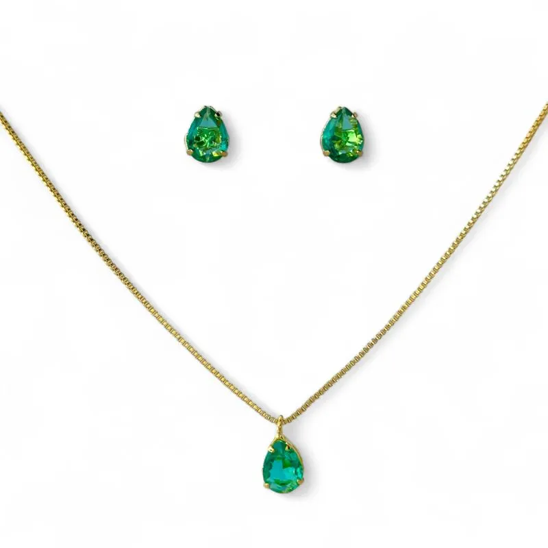 Conjunto Ponto de Luz Gota Banhado a Ouro 18k com Zircônias Verde