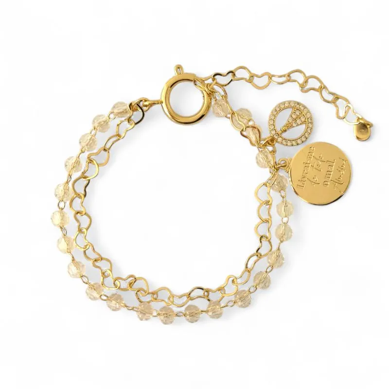Pulseira Dupla Elo Coração e Cristal com Medalha de Nossa Senhora e 