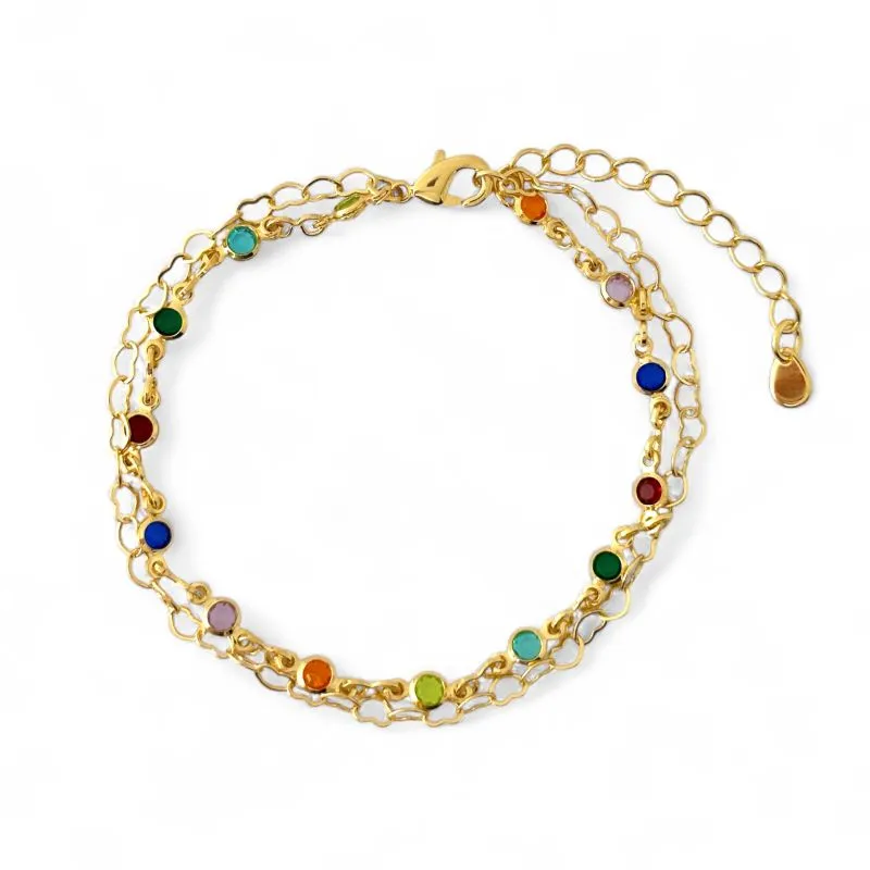 Pulseira Dupla Elo Coração e Zircônias Coloridas Banhada a Ouro 18k