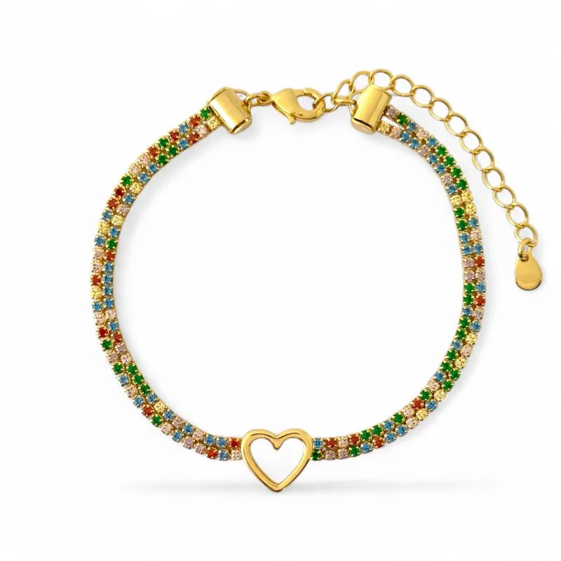 Pulseira Dupla Riviera Coração Banhada a Ouro 18k com Zircônias Coloridas