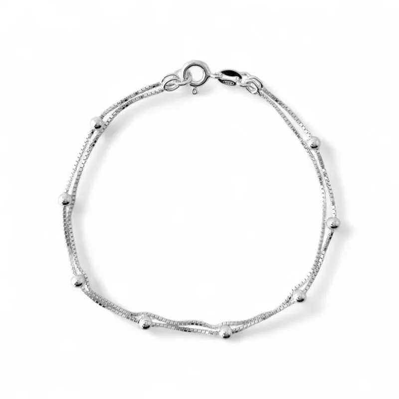 Pulseira Dupla Veneziana e Bolinha Prata 925