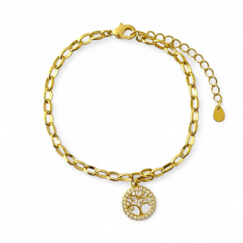 Pulseira Elo Português Árvore da Vida Banhada a Ouro 18k com Zircônias