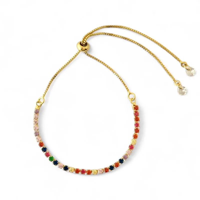 Pulseira Riviera Gravatinha Banhada a Ouro 18k com Zircônias Coloridas