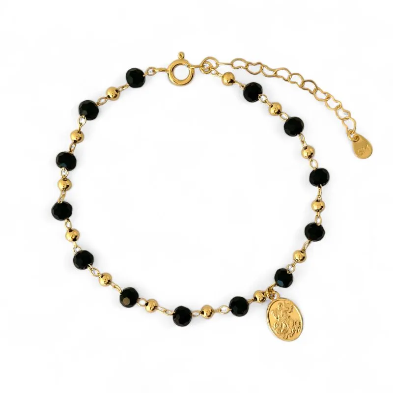 Pulseira São Jorge com Bolinhas e Pedras Pretas Banhada a Ouro 18k