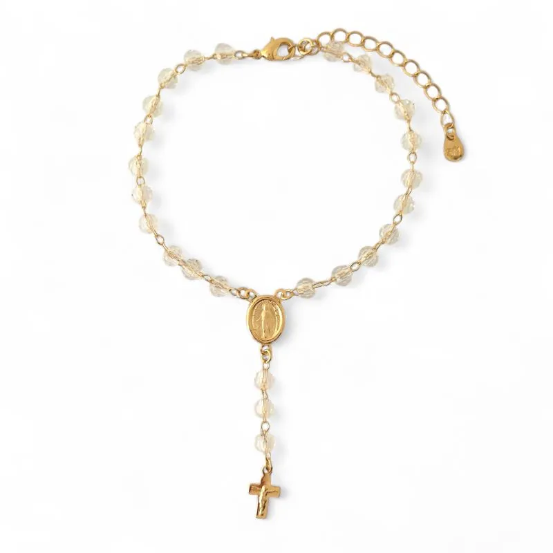 Pulseira Terço Rosário Banhada a Ouro 18k com Pedras na Cor Cristal