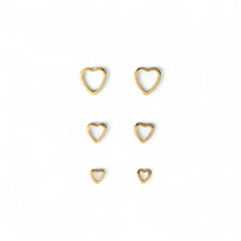 Trio de Brincos Coração Banhado a Ouro 18k Vazado Liso