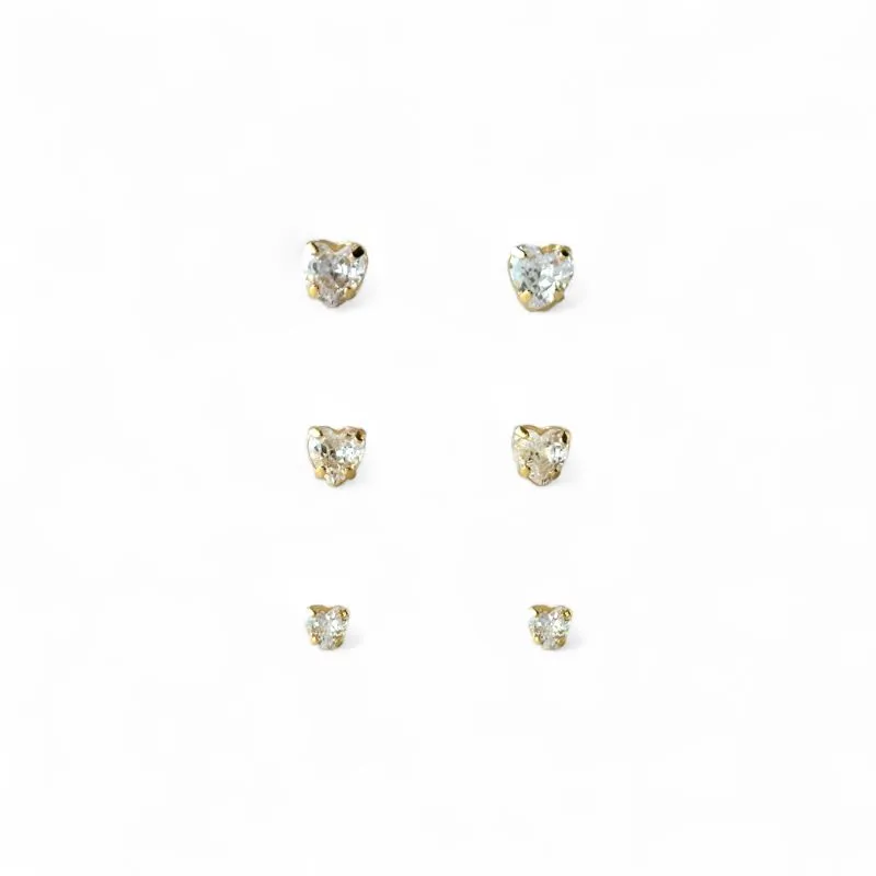 Trio de Brincos Ponto de Luz Coração Banhado a Ouro 18k com Zircônias