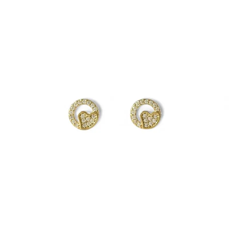 Brinco Coração com Círculo Vazado Banhado a Ouro 18k com Zircônias - 0,7cm