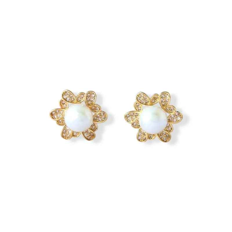 Brinco Flor com Pérola Shell Banhado a Ouro 18k e Zircônias