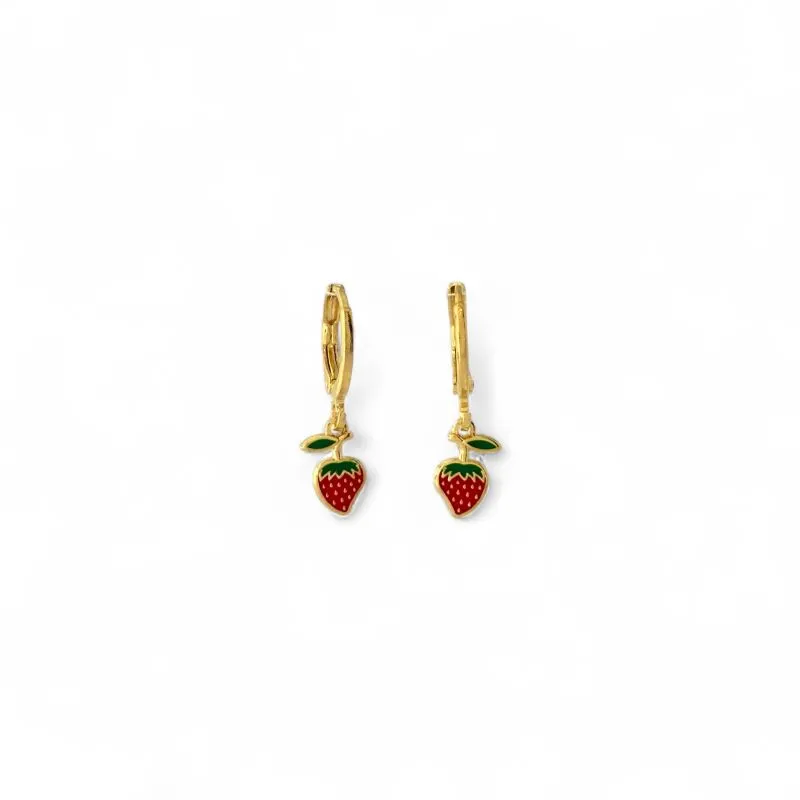 Brinco Infantil Argola Morango Pendurado Banhado a Ouro 18k