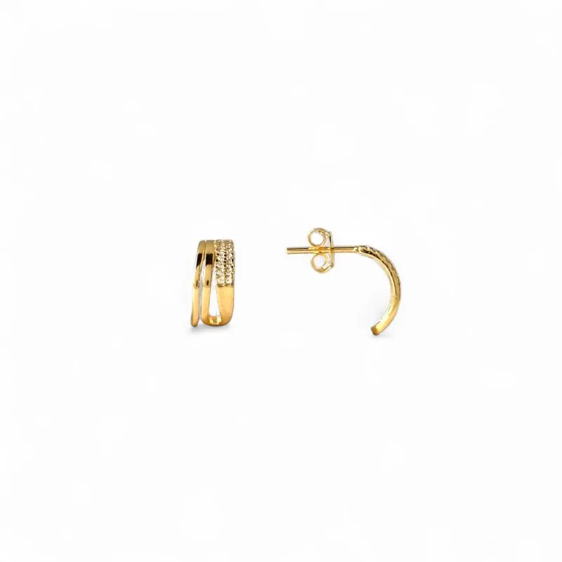 Brinco Meia Argola Banhado a Ouro 18k com Linhas e Zircônias