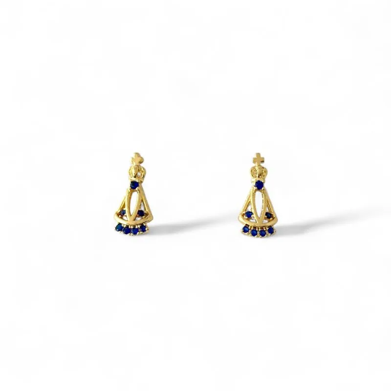 Brinco Nossa Senhora Banhado a Ouro 18k com Zircônias Azul